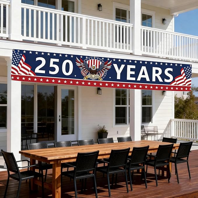 250 Year Anniversary USA Banner Flag 2x10 Ft, 4th of July Decorations 1776-2026 Freedom 250 Years Birthday Patriotic Party Supplies Decorations for Outdoor, Indoor,Garden, Porch (BLUE C)