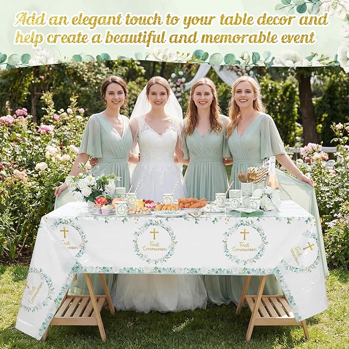Ceenna 452 Pcs First Communion Party Decoration Boy for 50, Green Baptism Paper Plate Napkin Cup Tablecloth Cutlery Straw God Bless Disposable Tableware for Christening Religious Baby Shower Supplies