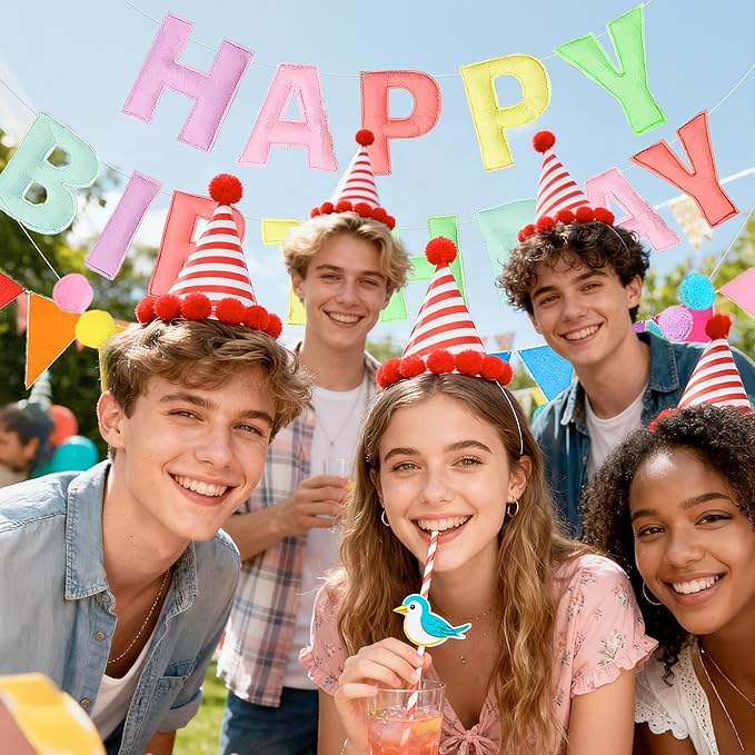 3PCS Pre-Strung 3D Macaron Pastel Felt Happy Birthday Banner Set – Pom Pom Garland & Triangle Bunting, Reusable Happy Birthday Decorations, Felt Happy Birthday Banner & Sign for Girls, Boys & Teens