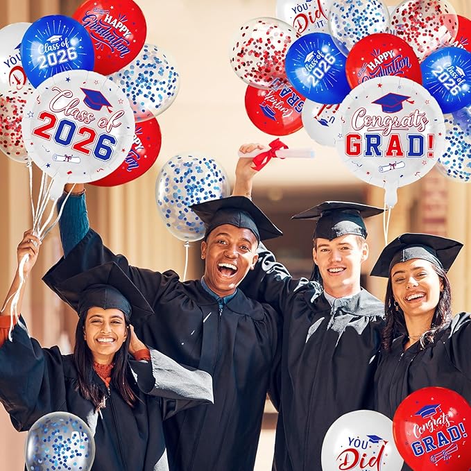 Red and Blue Graduation Balloons Graduation Decorations 2026, 51Pcs Grad Latex Balloons and Grad Foil Balloon with Confetti Ribbons Grad Party Decorations for College High School