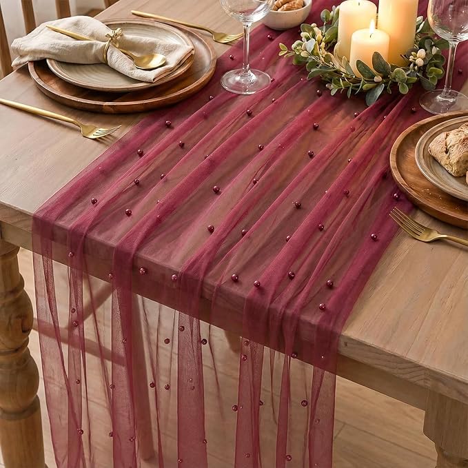 Artoid Mode 3PCS Pearl Burgundy Gauze Table Runner 120 Inch 10FT, Seasonal Sheer Dining Holiday Wedding Birthday Baby Shower Table Decor for Home Party