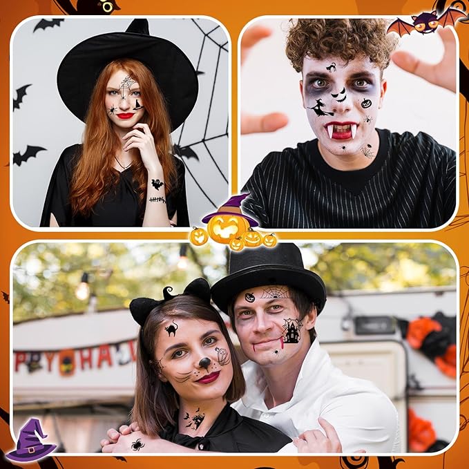 XZENTIRA 182 PCS Halloween Waterproof Temporary Tattoo Stickers 15 Sheets Bat Spider Fake Tattoos for Adults and Halloween Decorations, Trick or Treat Gifts and Makeup Decorations