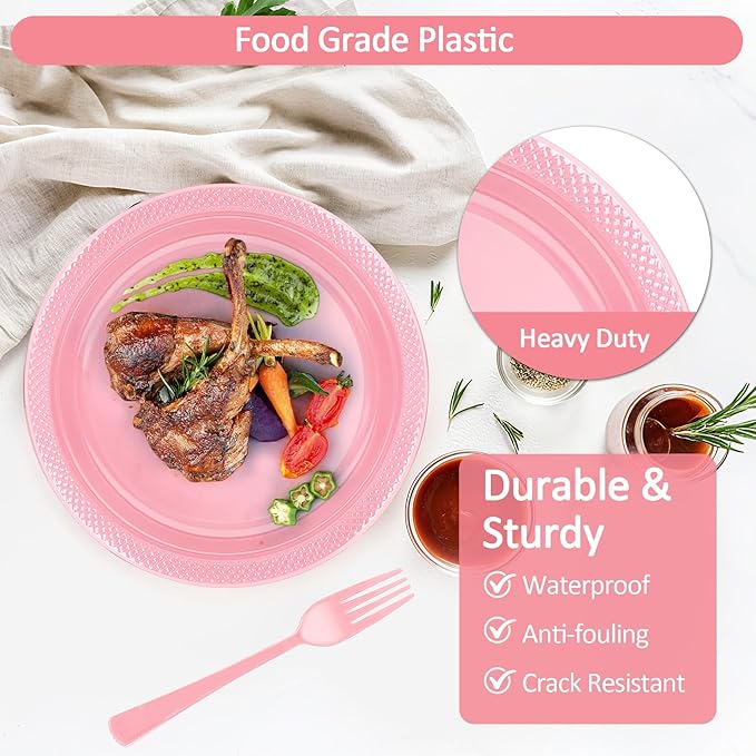 Pink Plastic Party Plates Set, Disposable Light Pink Plates and Napkins for Party, 50 of Each 9" Dinner Plate, Napkins, Cups & Cutlery Plastic Party Supplies for Birthday, Baby Shower, Wedding