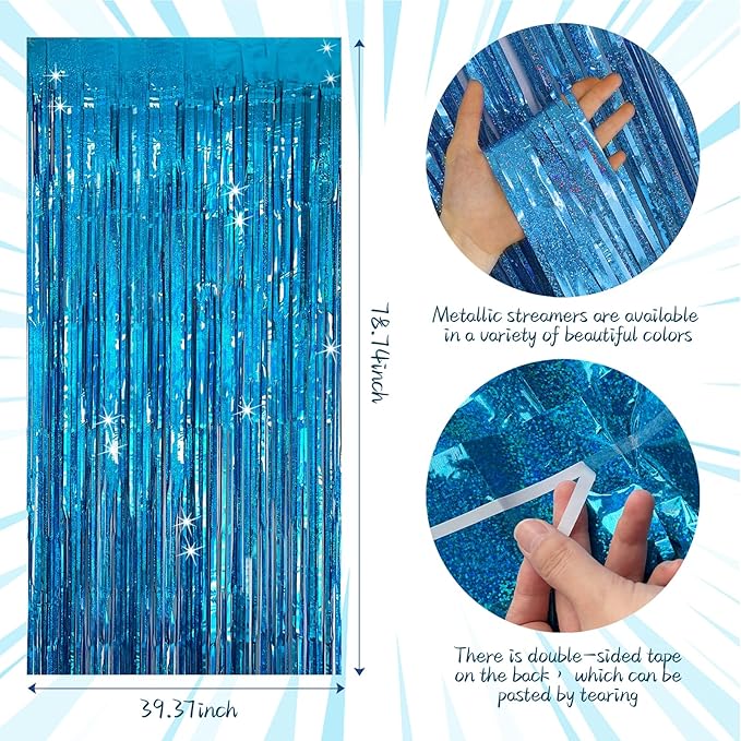 K.E.J. Blue Tinsel Curtain Party Backdrop 5 Packs Glitter Foil Fringe Curtain Decor Streamers Photo Booth for Multiple Occasions