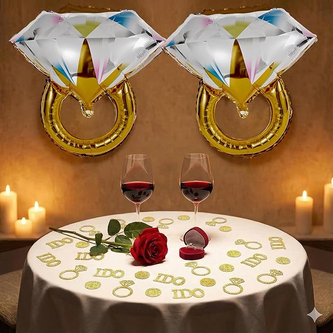 Engagement Party Decorations Set - 2 Giant Diamond Ring Balloons + Gold Confetti Table Scatter, Engagement & Wedding Party Supplies for Bridal Shower, Bachelorette, Anniversary Celebration