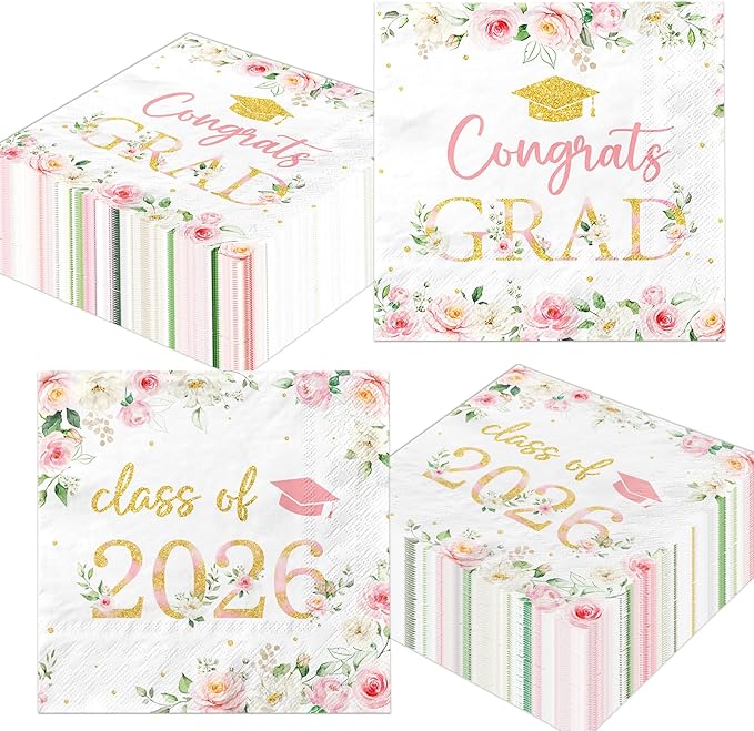 50Pcs Congrats Grad Party Napkins - Floral Graduation Party Decorations Pink Class of 2026 Graduation Paper Napkins for College High School Party Supplies