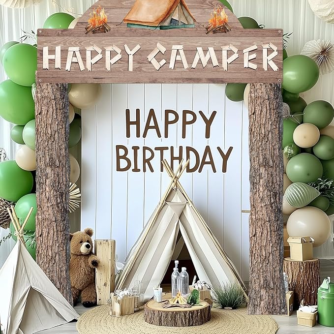 Peryiter 3 Pcs Camping Themed Party Decorations Banner Welcome Porch Sign with 1 Double Sided Tape for Summer Camp Birthday Hawaii Baby Shower Themed Party Activity Decor Door(Happy Camper)