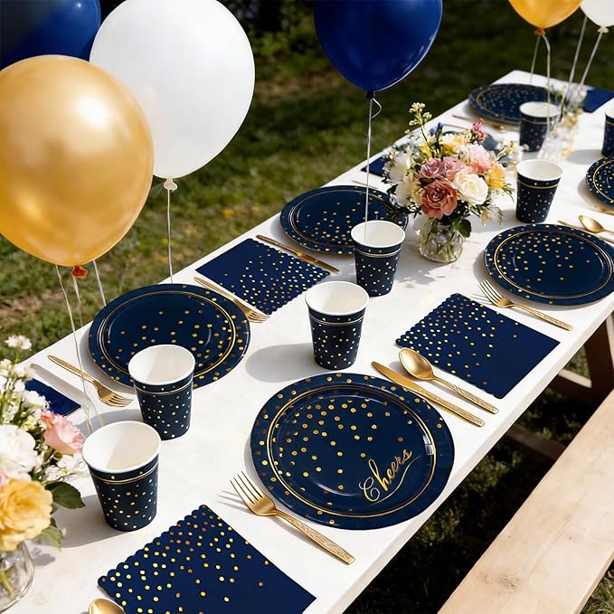 OuMuaMua Blue Paper Plates and Napkins Party Supplies for 24 Guests, 168 Pcs Navy Blue Disposable Plates with Utensils Set for Blue and Gold Graduation Retirement Birthday Party Decorations
