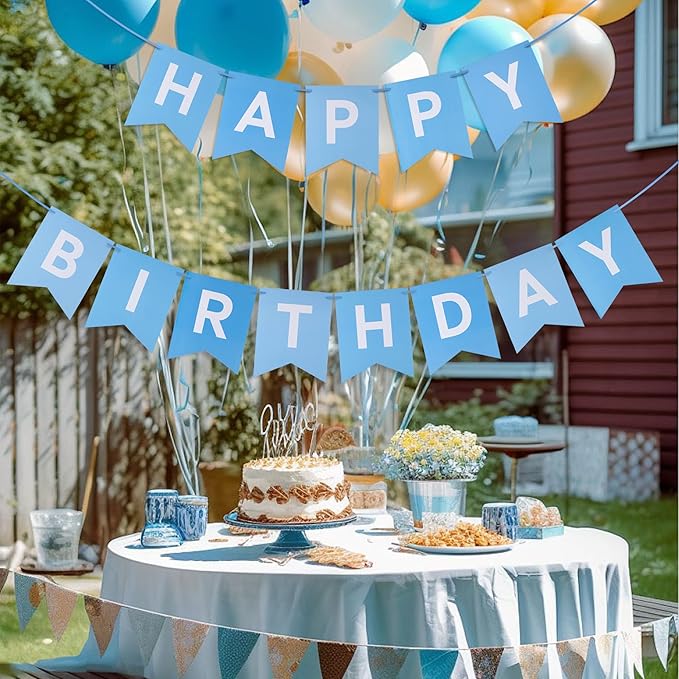Blue Happy Birthday Banner - Mixed Blue Hanging Backdrop Sign with White Letters, Happy Birthday Sign Bunting Decorations for Women men Kids Baby Shower Party Supplies (13pcs)