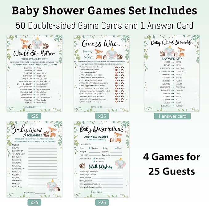 HOMANGA Baby Shower Games, 4 Funny Games for 25 Guests, Guess Who Mommy or Daddy, Word Scramble, Gender Neutral Woodland Animal Theme Baby Shower Decorations for Baby Boy or Baby Girl