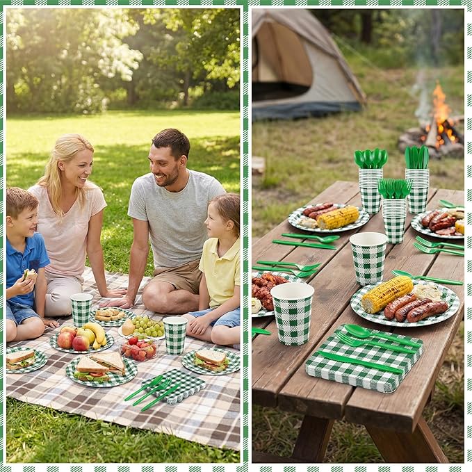 175 Pcs Gingham Party Supplies Include Green Gingham Plates and Napkins Cups Plastic Cutlery Disposable Green Checkered Plates Set for St Patricks Day, Picnic, Baby Shower, Golf Party