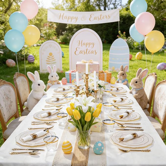Liacere 350PCS Ivory Plastic Plates - Cream Disposable Plates With Gold Rim - 50Guest Baroque Plastic Dinnerware include 100 Plates - 50 Pack Pre Rolled Napkins Silverware 50Cups for Wedding＆Easter