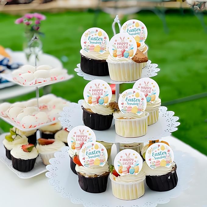 Ercadio 40 Pcs Edible Easter Eggs Cupcake Toppers Cute Rabbit Cupcake Decor Round Drink Topper Happy Easter Theme For Baby Shower Birthday Party Festive Cake Decoration Supplies