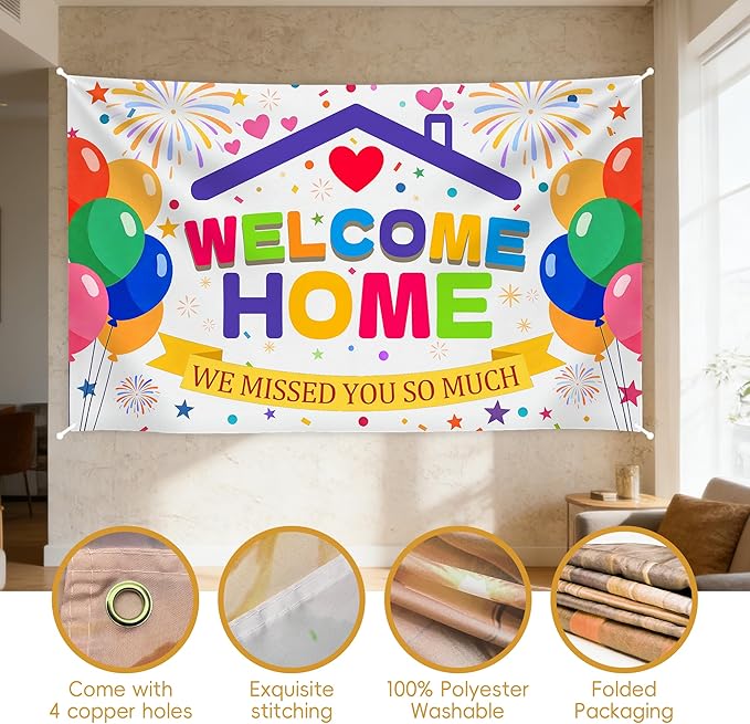 Welcome Home Banner Backdrop, 6x4ft Large We Missed You Sign, Non-Fading Washable Fabric Photography Background for Military Homecoming, Family Reunion, Deployment Return Party Decorations