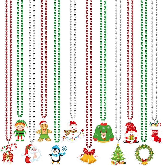 NOVWANG 24 Pcs Christmas Beads, 12 Styles Christmas Metallic Beaded Necklaces Multi Colors Necklaces for Christmas Parade Decorations Christmas Party Favors