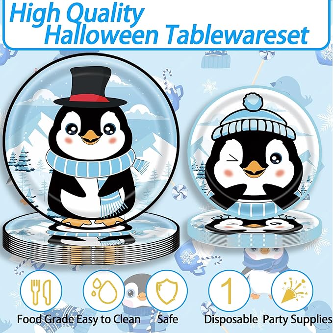 Winter Penguin Party Supplies Set, 141 Pieces Birthday Decorations with Plates, Cups, Tablecloth, Banner, Blue and White Theme Pack for 20 Guests