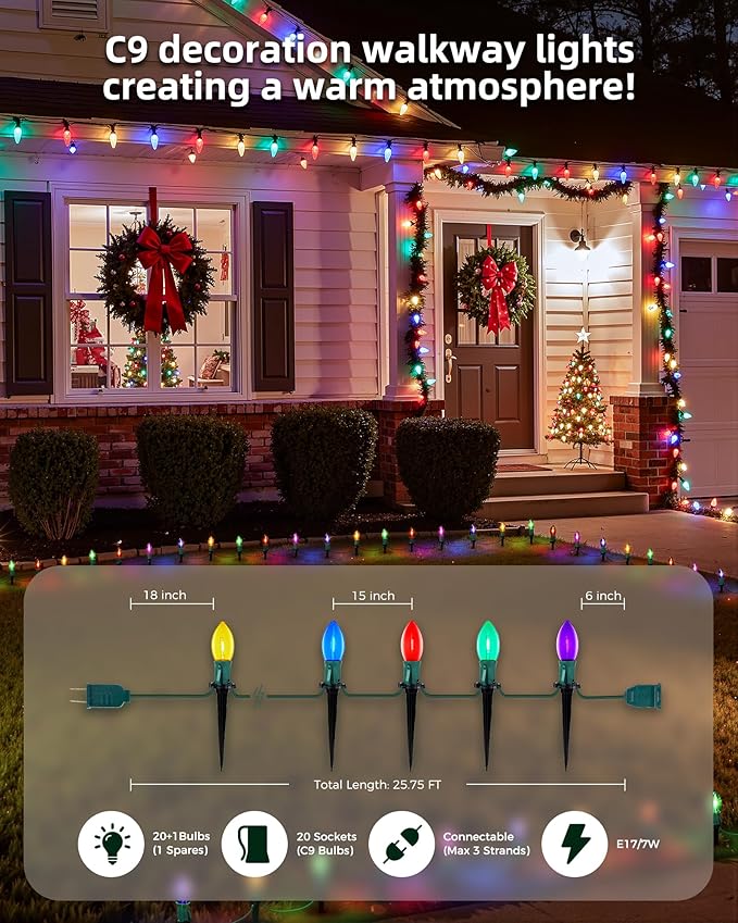 C9 Christmas String Lights Outdoor - 25.7 Feet 20 LED Christmas Pathway Lights with 20 Stakes Connectable Waterproof for Driveways Xmas Holiday Patio Decoration, Multicolored