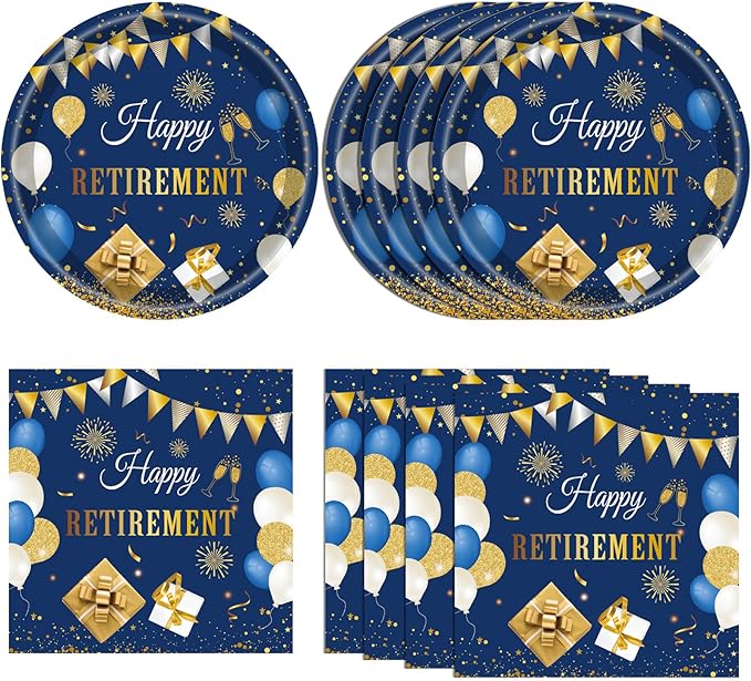 40 PCS Retirement Party Decorations Blue Gold Retirement Party Decorations Supplies Tableware Plates and Napkins for Woman Men Table Cloths Party Favors | Serve 20