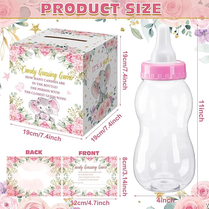 Glenmal 52 Pcs Pink Elephant Theme Baby Shower Games Gift Sets Large Baby Bottle for Shower Game Guess How Many Candies Decorations for Gender Reveal