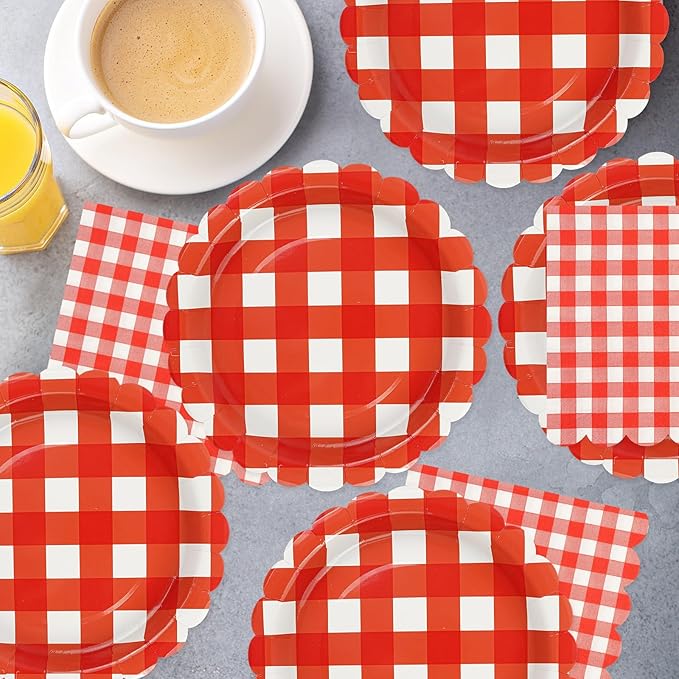 50PCS Red Gingham Party Supplies - 7Inch Red Scalloped Dessert Paper Plates and Napkins Set Disposable Plaid Dinner Party Set Cutlery for Baby Shower Birthday Wedding, Serve 25