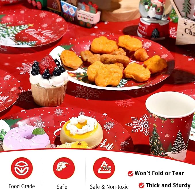 Christmas Party Supplies Tableware Set Xmas Party Decoration Christmas Tree Paper Plates Napkins Snowflakes Tablecloths Merry Christmas Banner Holiday Disposable Dinnerware Serves 24 Guests
