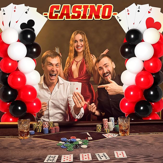 2 Sets Casino Theme Party Decoration Adjustable Poker Themed Balloon Column Stand Kit 8 Pcs Jumbo Poker Cards 129 Pcs Balloon Set for Las Vegas Game Night Birthday Party Supplies(Red Black and White)