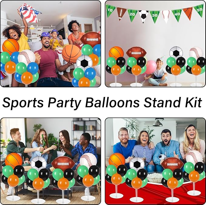 4 Sets Sports Party Balloons Stand Kit with Basketball Football Baseball Foil Balloons Sports Theme Party Balloon Centerpiece for Christmas Winter Tables Game Themed Birthday Baby Shower Decorations