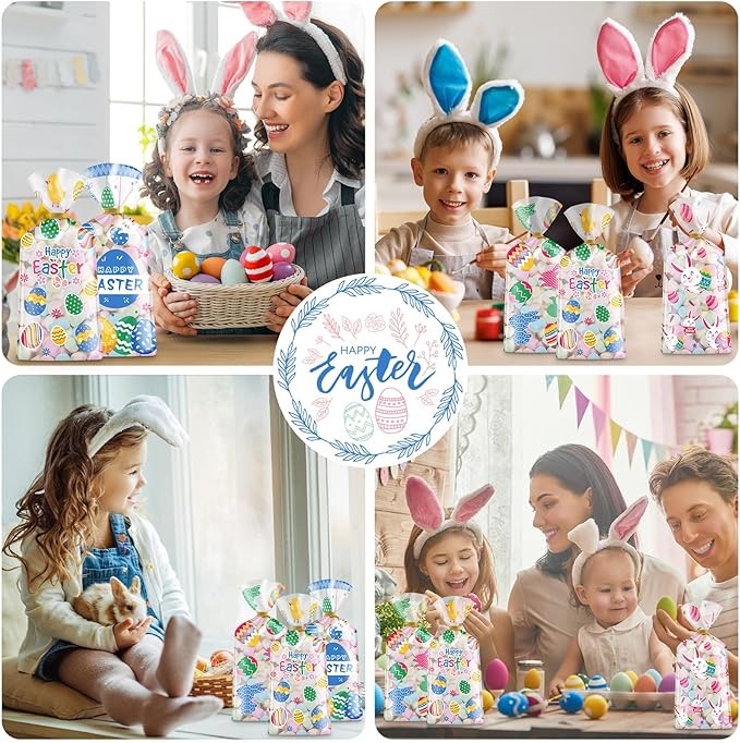 100 Pcs Easter Treat Bags - Happy Easter Gift Bag, Easters Eggs Plastic Cellophane Bag, Clear Colorful Easters Bunny Goodie Candy Favor Bags with Gold Twist Ties for Easte Party Favors Supplies