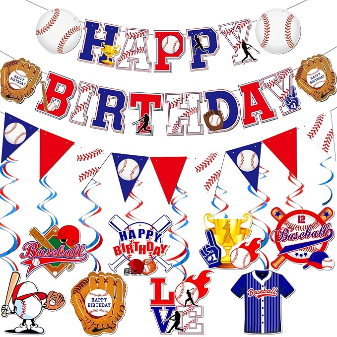 Happy Birthday Banner for Baseball Birthday Decorations Sports Theme Birthday Party Decorations and Baseball Hanging Swirls for Baseball Party Decorations