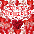 FECEDY Red Happy Birthday Banner Heart-Shaped Aluminum Foil Balloon Round Latex balloons Fake Petals Hanging Streamers for happy Birthday Party Decorations