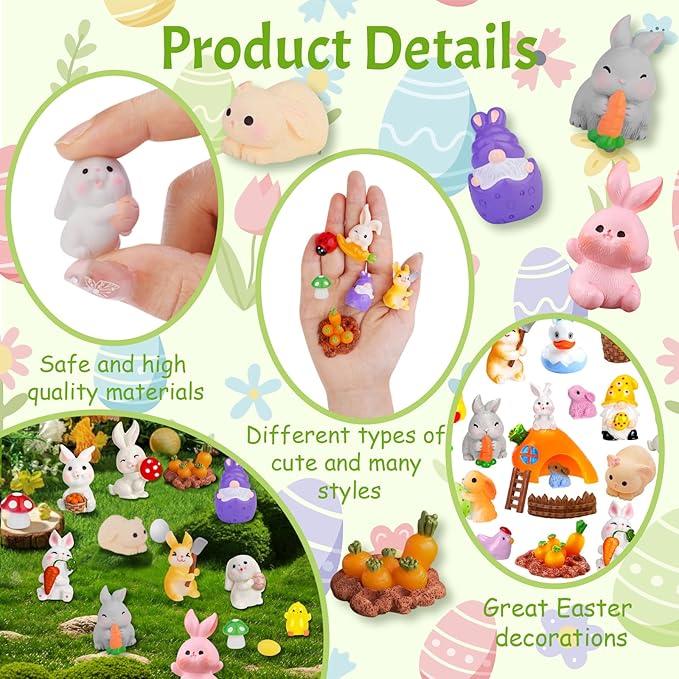50 Pcs Easter Mini Resin Figurines Miniature Farm Animals Small Bunny Chick Tiny Little Gnome Figurine for Dollhouse Easter Village Egg Fillers Fairy Garden Decor Party Favors