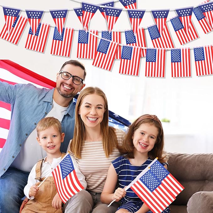HOWAF 4th of July Decorations, American Flag Banner Patriotic Bunting USA Garland and 20 Small American Flags On Stick for July 4th Decor Fourth of July Independence Memorial Day Party Supplies