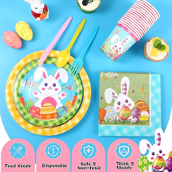 171 Pcs Happy Easter Party Supplies Disposable Easter Tableware Set with Bunny Colorful Eggs Plates Napkins Cups Banner Plastic Tablecloths for Easter Spring Holiday Party Decoration Serve 24