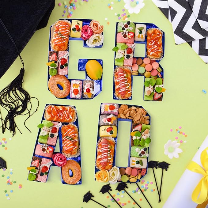 GRAD Set Cardboard Letter for Charcuterie 10.2'' Blue Grad Fillable Tray Charcuterie Paper Box for Graduation Party Decorations Chocolate Candy Cupcake Container