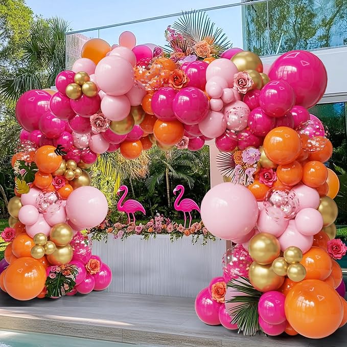 Pink Orange Balloon Arch Balloon Garland Kit Hot Pink Gold Confetti Globos Magenta Stuff For Summer Tropical Luau,Groovy Bachelorette, Sunset Baby Shower,Graduation Party Decorations