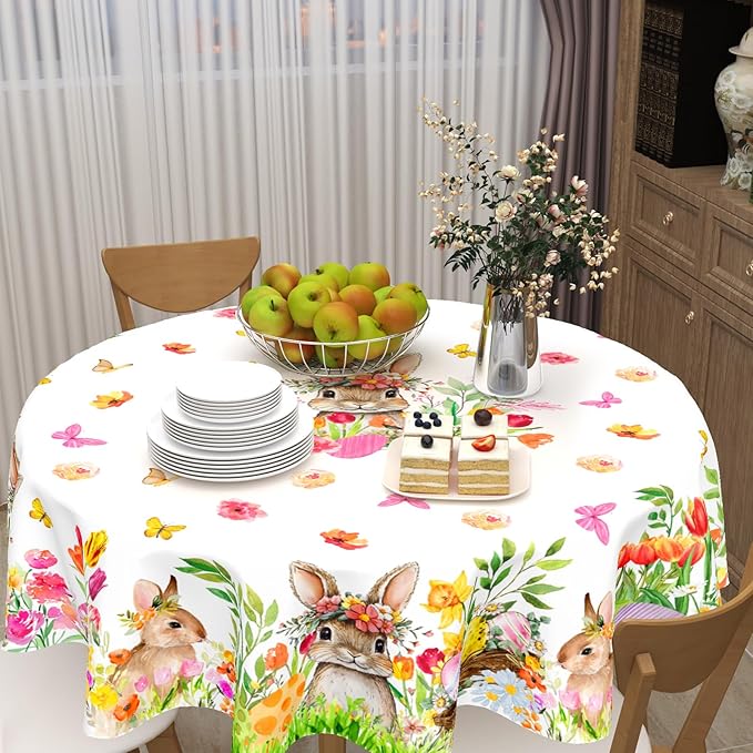 Spring Easter Tablecloth Round 70 Inch Green Bunny Easter Table Cloth Farmhouse Pink Floral Table Cover for Kitchen Dinner Room Holiday Party Indoor Outdoor Home Decor