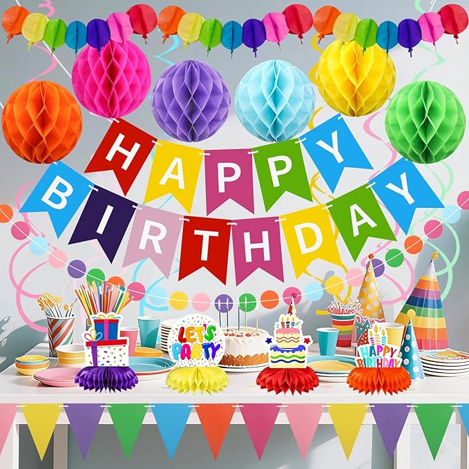Birthday Decorations Kit, Happy Birthday Banner with Table Centerpieces, Colorful Paper Flag Garland, Hanging Swirl Streamers & Honeycomb Balls for All Birthday Party Decorations
