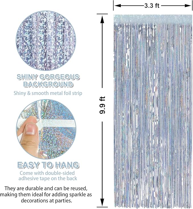 Crosize 2 Pack 3.3 x 9.9 ft Laser Silver Foil Fringe Curtains Party Decorations,Tinsel Curtain Backdrop for Parties, Door Streamers, Glitter Streamer Backdrop for Birthday Decoration