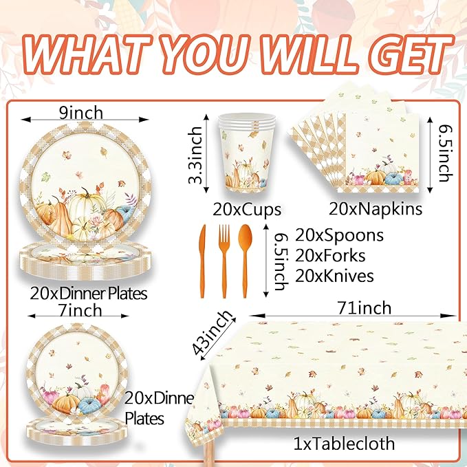 Thanksgiving Party Supplies Decoration Set, 141 Pieces Includes Plates, Napkins, Cups, Tablecloth and Tableware for Thanksgiving Theme Party Decorations, Serves 20