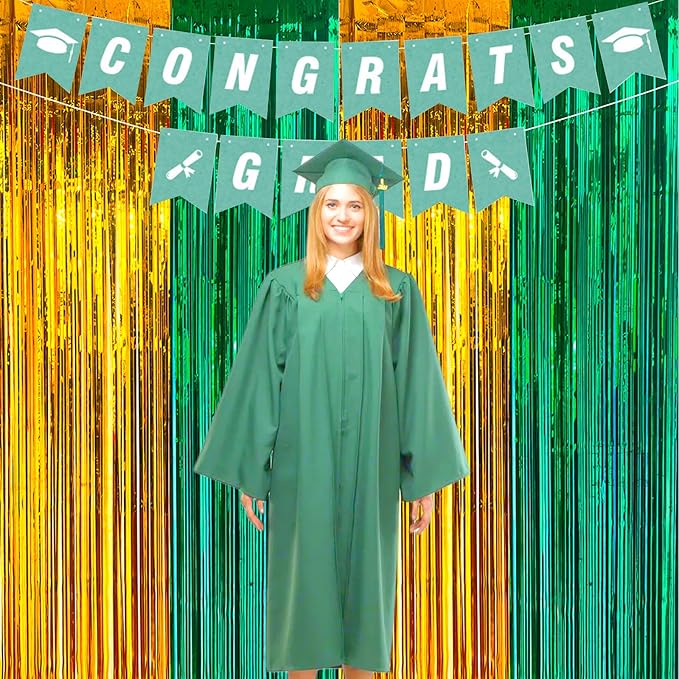 MYUPDALIN 2 Pack Green and Gold Graduation Decorations 2025 -Tinsel Foil Fringe Curtains Backdrop - High School College University Graduation Party Photo Booth Props Backdrop
