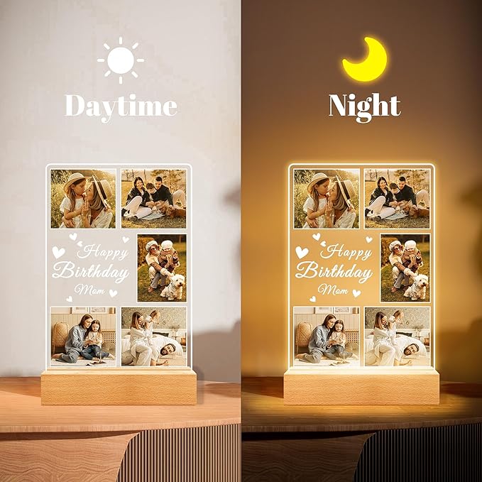 Personalized Birthday Gifts for Mom from Daughter Son, Custom Picture Frames with Photo, Customized Photo Frame with Night Light, Personalized Mothers Day Gifts for Mom Baby Kids Family