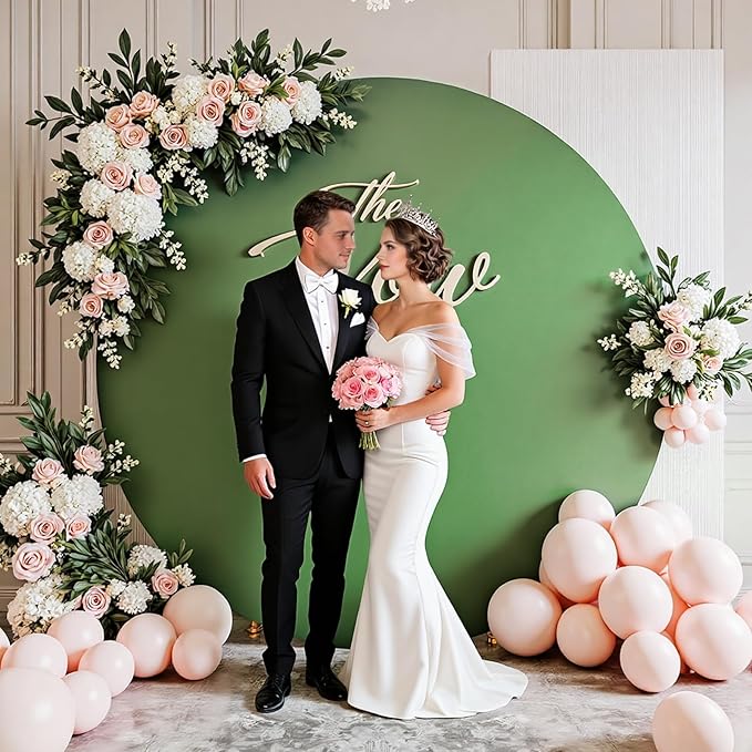 Gallety 7.2FT Sage Green Round Backdrop Cover with Size Adjuster & 4 Metal Clips, Universal Fit for 5ft-7.2ft Circle Stand, Polyester Fabric Arch Backdrop Cover for Wedding, Birthday Party Decor