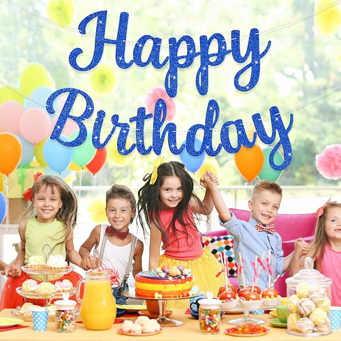 Glitter Happy Birthday Banner Sign Birthday Garland Wall Door Banners Flag for Women Men Boys Girls Party Backdrop Decorations Blue