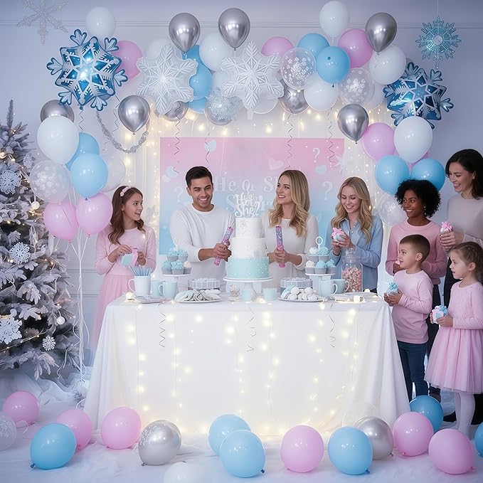Winter Wonderland Balloon Arch Garland Kit, Light Pink Baby Blue White Balloon with Snowflake Foil Balloons for Christmas Ice Wonderland Snow Baby Shower Gender Reveal Birthday Party Decorations