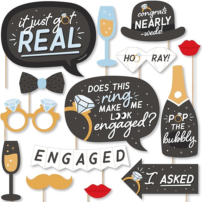 Big Dot of Happiness Engagement Photo Booth Props Kit - 20-Piece Props Set, Premium Party Photography Accessories, Celebration Decorations, DIY Assembly with Sticks and Adhesives - Black and White