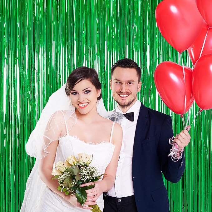 2 Pack Green Foil Fringe Curtains, 3.3ft x 6.6ft Streamer Foil Curtain, Tinsel Backdrop for Birthday Party, Christmas Decor, Wedding Engagement Baby Shower Bachelorette Party Decorations