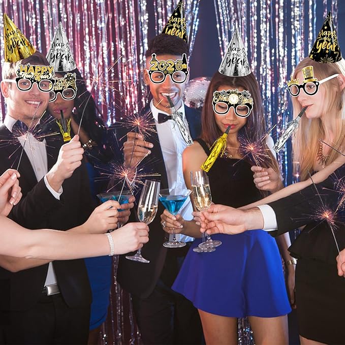 Openfly 36Pcs New Years Eve Party Supplies 2026 Happy New Year Hats Headband Tiara Noise Makers Paper Glasses Party Favors