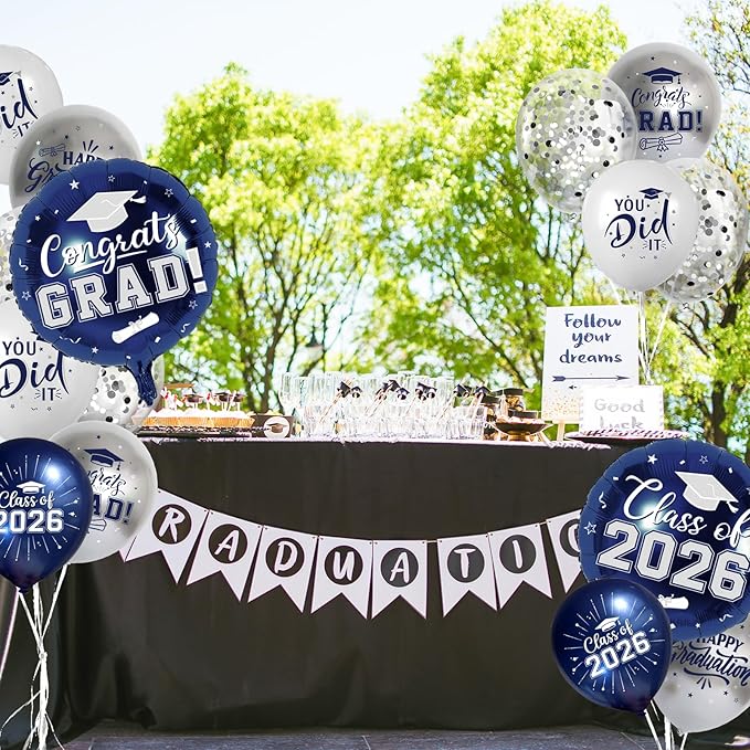 Navy Blue and Silver Graduation Balloons Graduation Decorations 2026, 51Pcs Grad Latex Balloons and Grad Foil Balloon with Confetti Ribbons Grad Party Decorations for College High School