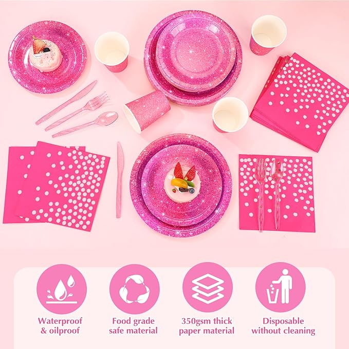 Hushee 175 Pcs Hot Pink Holographic Print Party Supplies Guests Disposable Dinnerware Set Include Paper Plates, Napkins, Cups, Plastic Cutlery for Wedding Birthday Disco Bachelorette