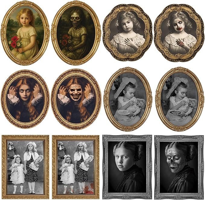 Scary Halloween Party Decoration Indoor Home Wall Decor, 3D Changing Face Moving Picture Portrait Frame, for Horror Spooky Party Supplies Castle Haunted House Decor(Style C, 6 Pieces)